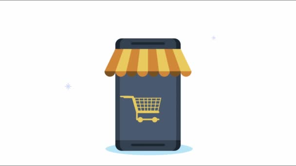 E-commerce animatie met winkelwagentje in smartphone — Stockvideo