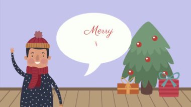 Genç adam hediyelerle ve Noel ağacıyla konuşuyor.