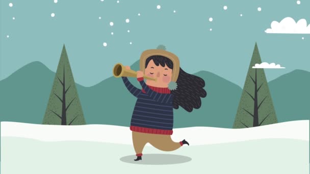 Malá dívka hraje cornet zimní scéna animace — Stock video