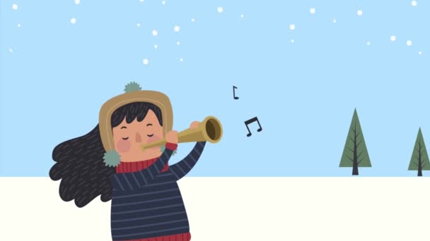 Klein meisje spelen cornet animatie — Stockvideo