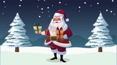 Mutlu noel animasyonları Noel Baba ile kar manzarası