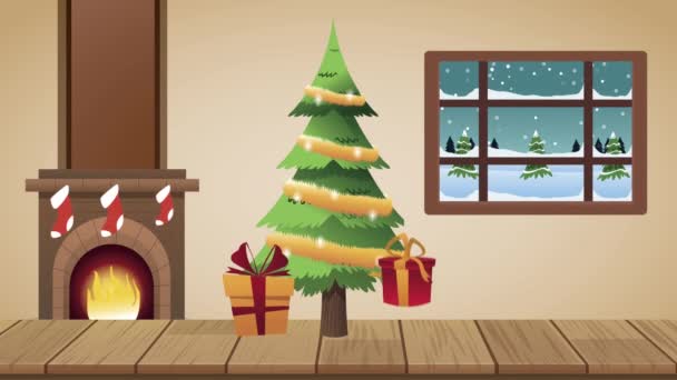 Vrolijk kerstfeest animatie met boom en schoorsteen — Stockvideo