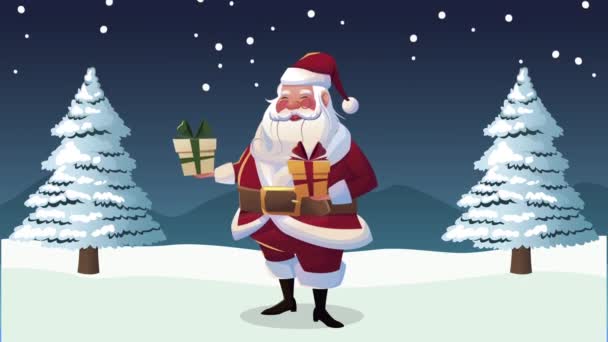 Fröhliche Weihnachtsanimation mit Weihnachtsmann in Schneelandschaft — Stockvideo