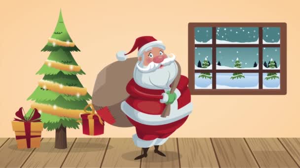 Vrolijk kerstfeest animatie met kerstman en dennenboom — Stockvideo