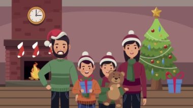 Mutlu noel animasyonları. Aile karakterleri evde.