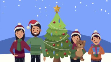 Aile ve çam ağacıyla mutlu noel animasyonu