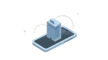 Banka binası ile akıllı telefon aygıtı animasyonu