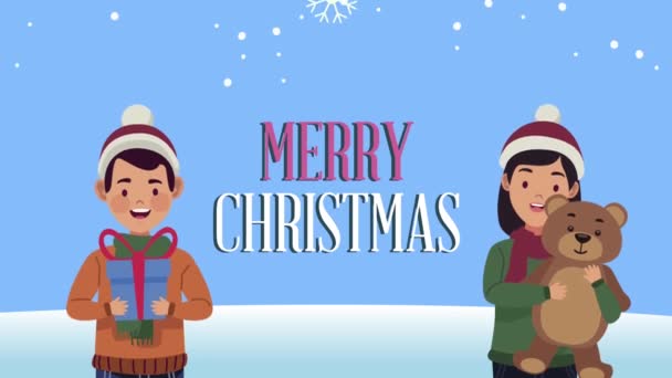 Mery christmas lettering with couple animation — Stockvideo