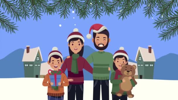 Animación feliz Navidad con la familia en el paisaje de nieve — Vídeo de stock