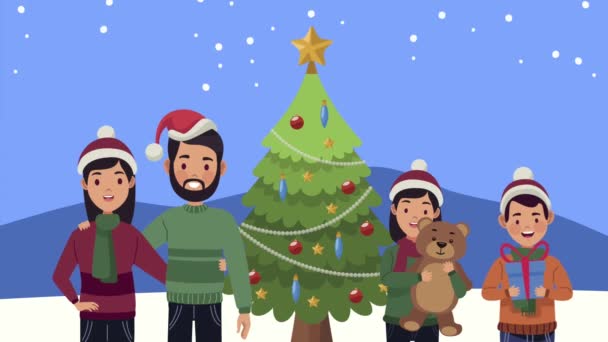 Merry christmas animation with family and pine tree — Stock Video