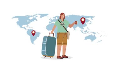 Dünya haritasında bavulu olan genç bir kadın