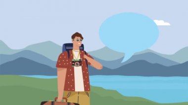 Konuşma balonunda bavullu genç adam.