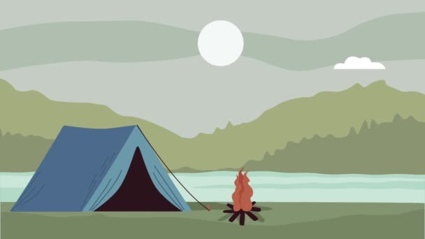 Zona de acampamento com cena lago — Vídeo de Stock