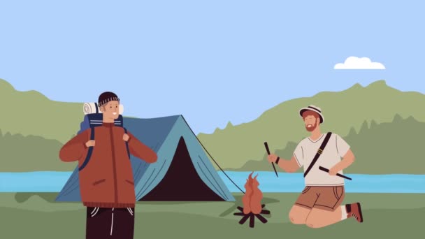 Male campers with campfire animation — Stockvideo