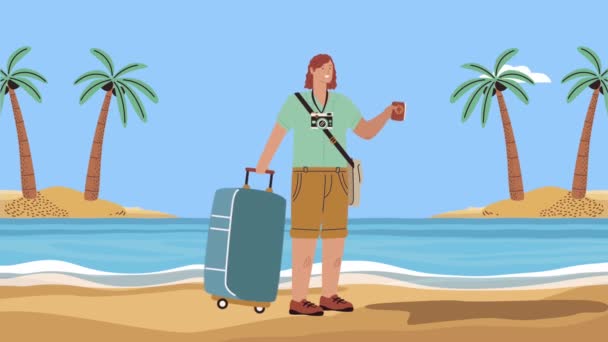 Young woman with suitcase on the beach — Stock Video