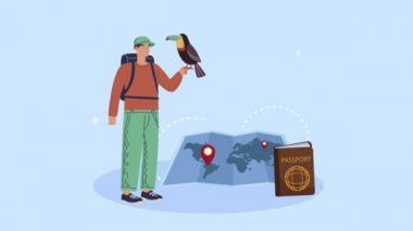 Toucan ve kağıt harita animasyonlu erkek kampçı