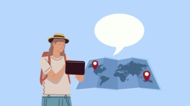 Kağıt haritalı ve konuşma baloncuklu kadın kampçı