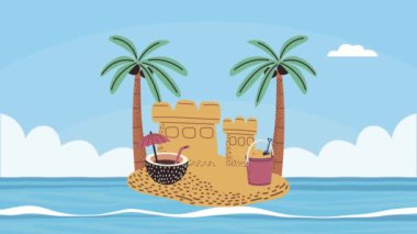 Kokteyl ve kumdan kaleli deniz manzaralı.