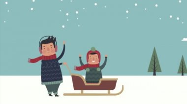 baba ve oğul yataklı kar manzarasında