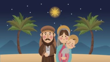 Çölde kutsal aile ile mutlu noel animasyonu