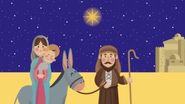 Eşeğin içindeki kutsal aile ile mutlu noel animasyonu