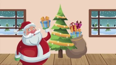 Noel Baba ve ağaç ile mutlu noel animasyonları
