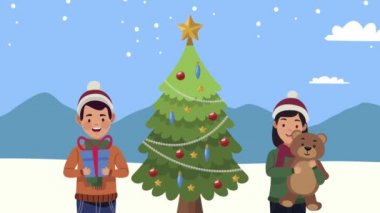 Çiftler ve çam ağacıyla mutlu Noel animasyonları