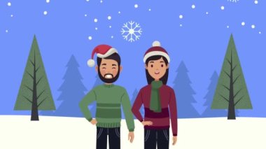 Kar manzaralı çiftle mutlu noel animasyonları