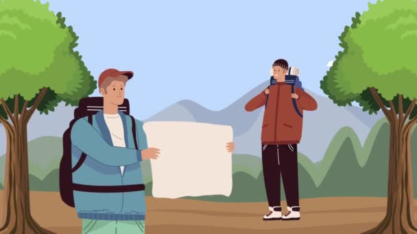 Male campers with paper map characters animation — Stockvideo