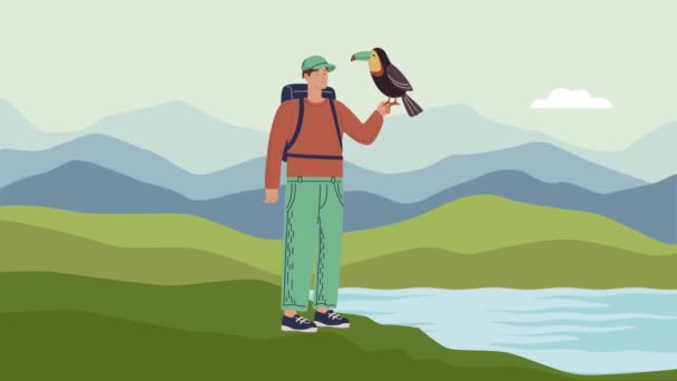 Мужчина-кемпер с туканом в анимации озера — стоковое видео