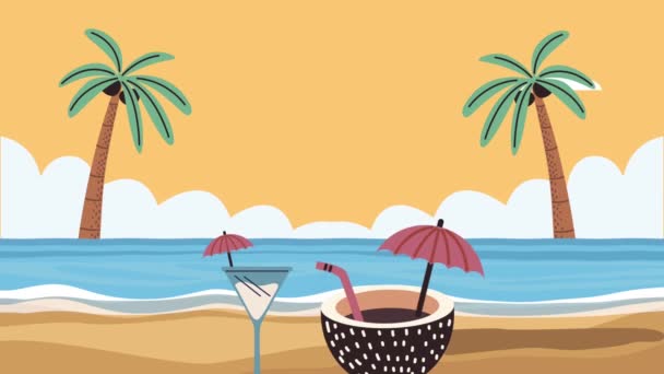 Strand zeegezicht met cocktails animatie — Stockvideo