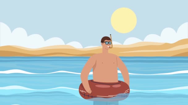 Jeune homme avec flotteur dans la mer — Video