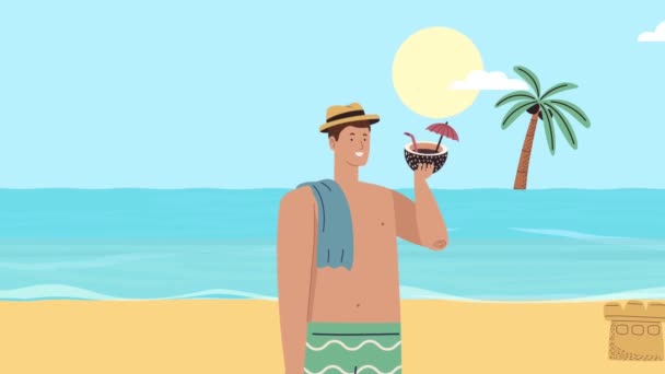 Mann trinkt Kokoscocktail am Strand — Stockvideo