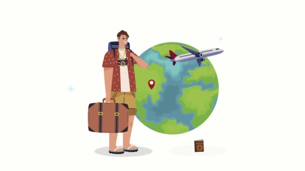 Young character with suitcase and airplane flying — Vídeo de Stock