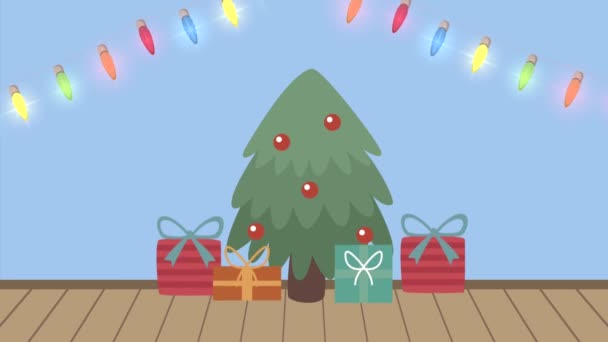 Boldog karácsonyfát és ajándékok animáció — Stock videók