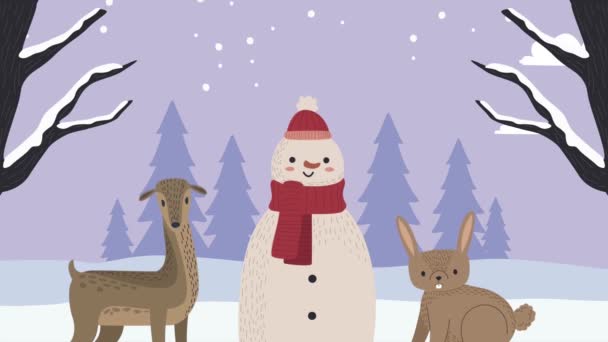 Navidad muñeco de nieve y animales snowscape — Vídeo de stock
