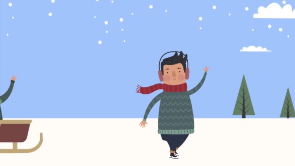 Kinderen spelen met slee winter scene animatie — Stockvideo