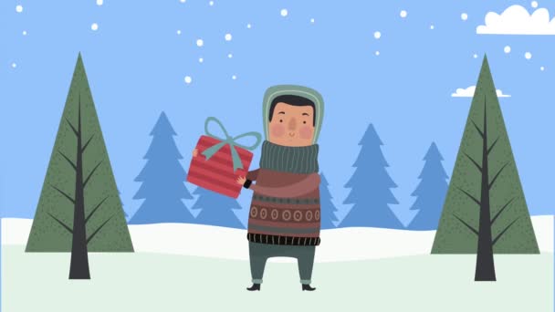 Young man with gift snowscape animation — Stockvideo