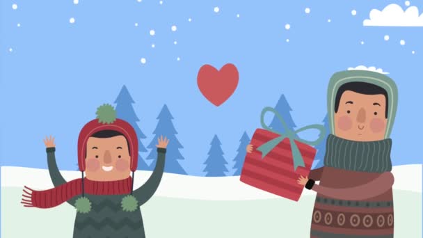 Father and son giving gift snowscape animation — Stock Video