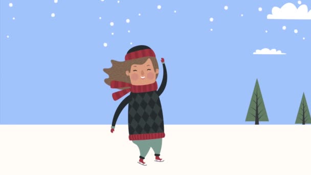 Liten flicka på vintern scen animation — Stockvideo