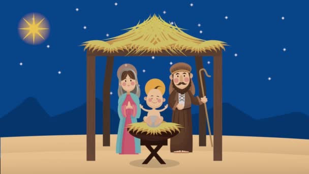 Mery christmas animation with holy family in stable — Vídeo de Stock