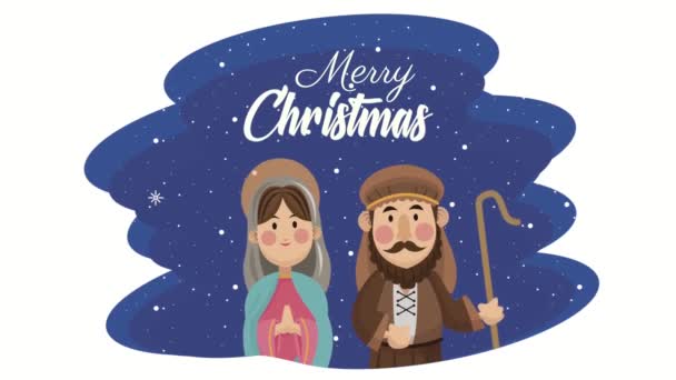 Mery christmas lettering with mary and joseph animation — Stock Video