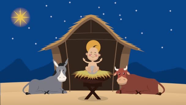 Animación navideña alegre con el bebé de Jesús en establo — Vídeo de stock