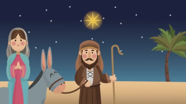 Christmas animation with mary virgin and saint joseph in donkey — Vídeo de Stock