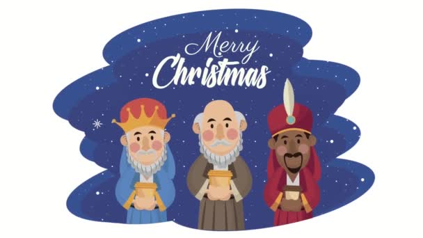 Tipografía de navidad alegre con animación de reyes mágicos — Vídeos de Stock