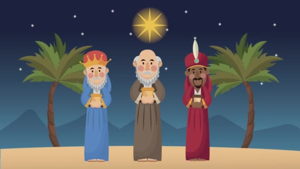 Animación navideña alegre con la escena de la noche de reyes mágicos — Vídeos de Stock