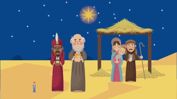 Mery christmas animation with holy family and magic kings — Stock Video