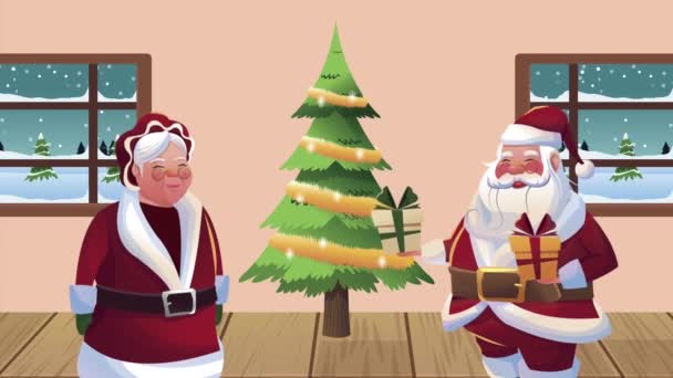 Wesołych Świąt animacji z rodziny Santa i drzewa — Wideo stockowe