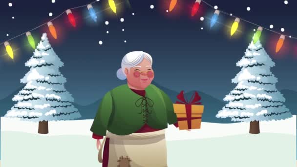 Merry christmas animation with santa wife and pines — Video Stock