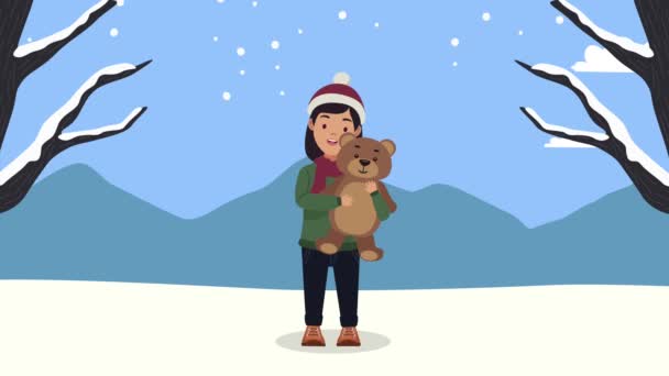 Merry christmas animation with woman hugging teddy — Stockvideo